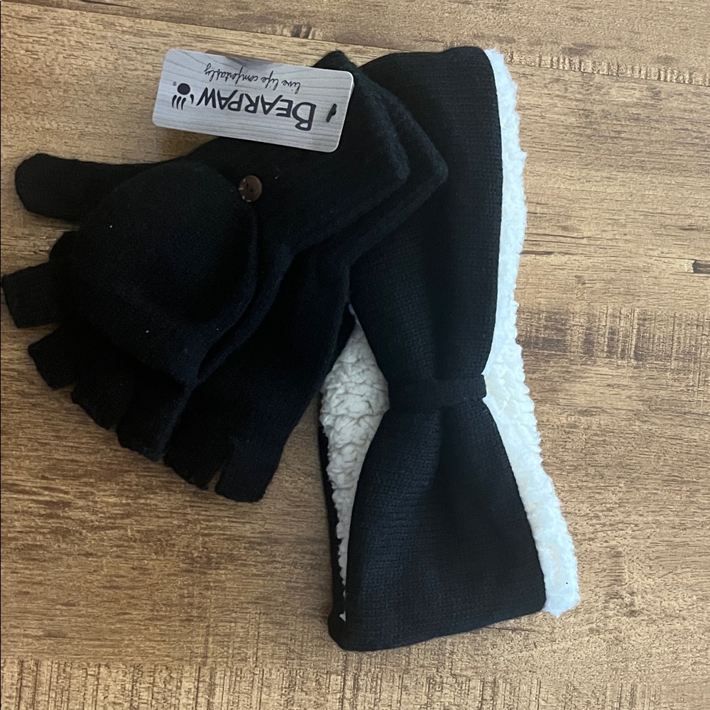 BearPaw Black and White Mitten and Headband  Set